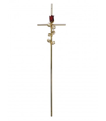 Croix cercueil «fil» en laiton avec rose rouge