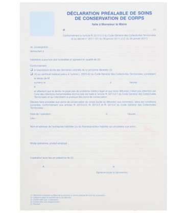 Déclaration préalable de soins de conservation de corps, paquet de 25