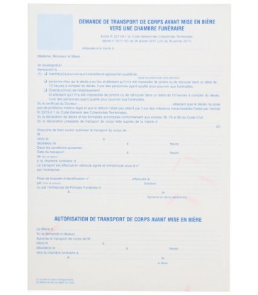 Demande de transport de corps avant mise en bière vers une chambre funéraire, paquet de 25